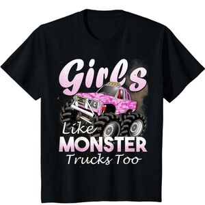 Youth Size 3T Girls Like Monster Trucks Too T Shirt Black & Pink Port & Company